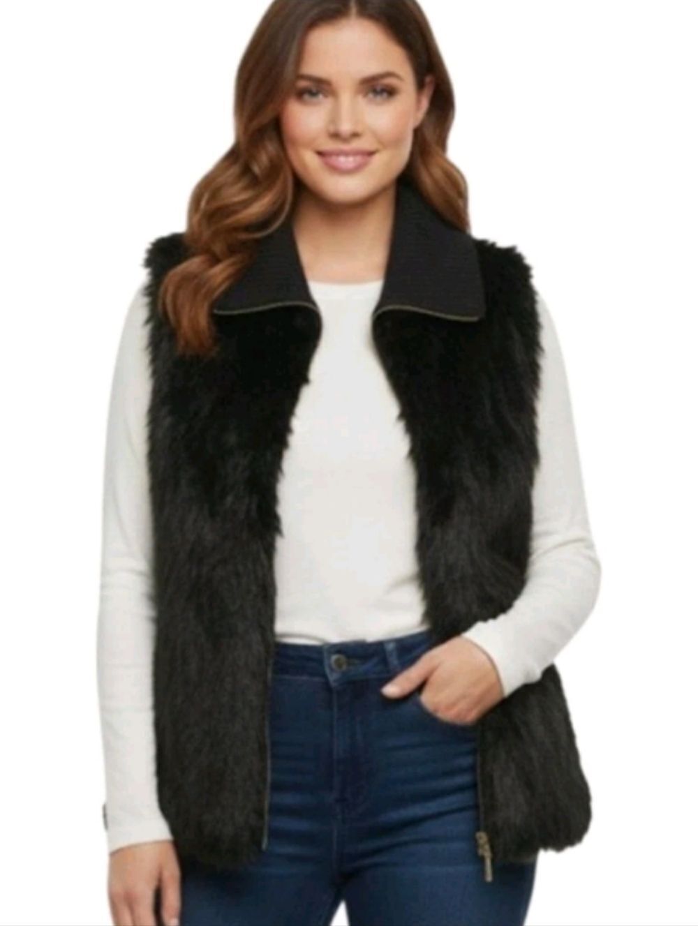 Michael Kors Womens Black Gold Zipper Faux Fur Zip Up Sweater Vest Size Large
